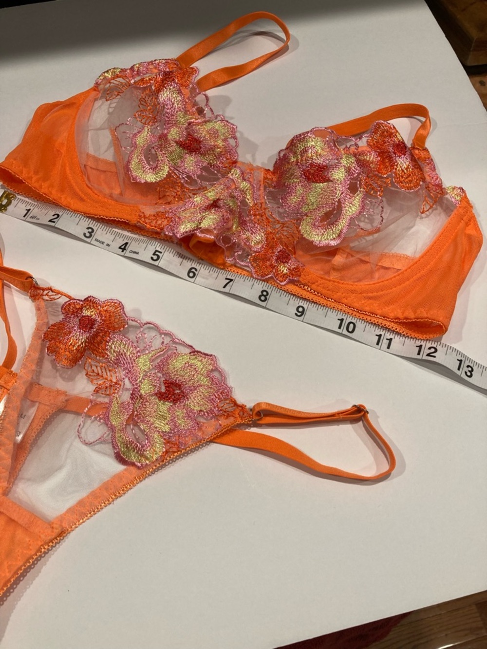 Sheer Floral Embroidered Orange Bra & Panty Set